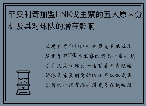 菲奥利奇加盟HNK戈里察的五大原因分析及其对球队的潜在影响